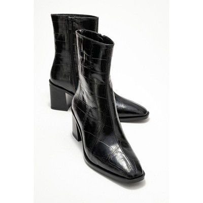 Chara - Black Croc-Embossed Block Heel Boot (Women) black printed 8 Prologue Shoes
