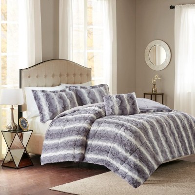 Lyngins 4-Piece Faux Fur Full/Queen Comforter Set, Ultra-Soft Bedding Set with Shams & Decorative Pillow, Oeko-Tex Certified Quilt Bedding Set