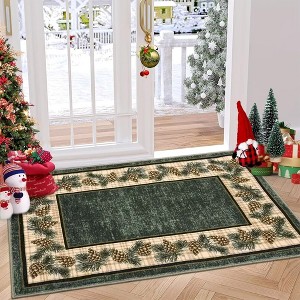 Christmas Washable Area Rug Xmas Pine Cones Rug Plaid Rugs for Living Room Bedroom - 1 of 4