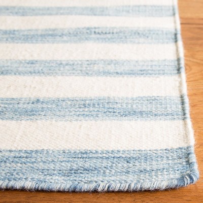 Handmade Blue and Ivory Wool Striped Square Rug