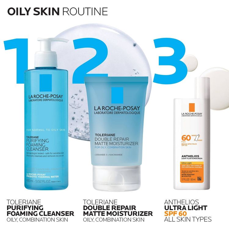 A blue colored tube of La Roche-Posay Toleriane Double Repair Matte Moisturizer for oily, combination skin is shown alongside a foaming cleanser and sunscreen.