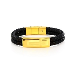 Metallo Stainless Steel, Double Leather Strand, Cross Design Bracelet - Black & Gold - Gold - 8.5 Inch - 1 of 3