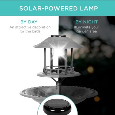 Stone Solar-Powered Bird Bath with Planter Base and Lamp