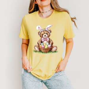 Teddy Bear Easter Basket Watercolor - Women's Short Sleeve Graphic T-Shirt - 1 of 4