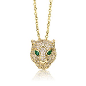 14K Yellow Gold plated layering necklace with 3D panther head pendant, featuring emerald and cubic zirconia for a bold statement - 1 of 3