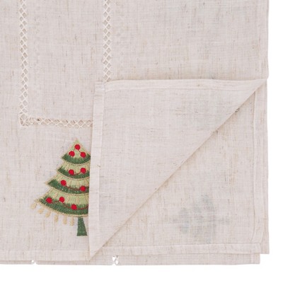 Natural Linen Embroidered Christmas Tree Table Runner, 16" x 90"
