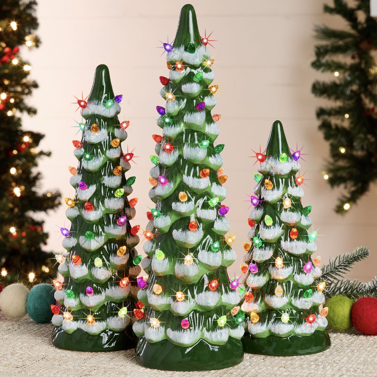 Best Choice Products Set of 3 Pre-Lit Hand-Painted Ceramic Tabletop Christmas Trees – Indoor Holiday Décor