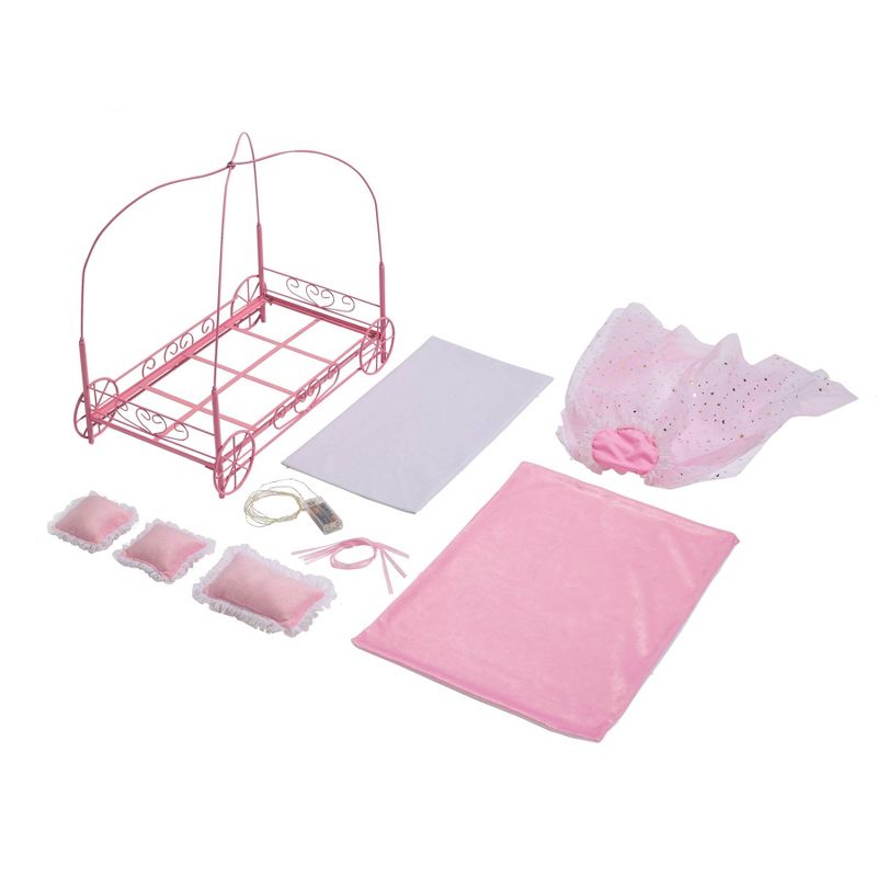 Badger Basket Royal Carriage Metal Doll Bed with Canopy Bedding and LED Lights - Pink/White/Stars, 3 of 13