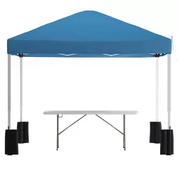 Flash Furniture 10'x10' Blue Pop Up Canopy Tent with Wheeled Case and 6-Foot Bi-Fold Folding Table with Carrying Handle - Tailgate Tent Set