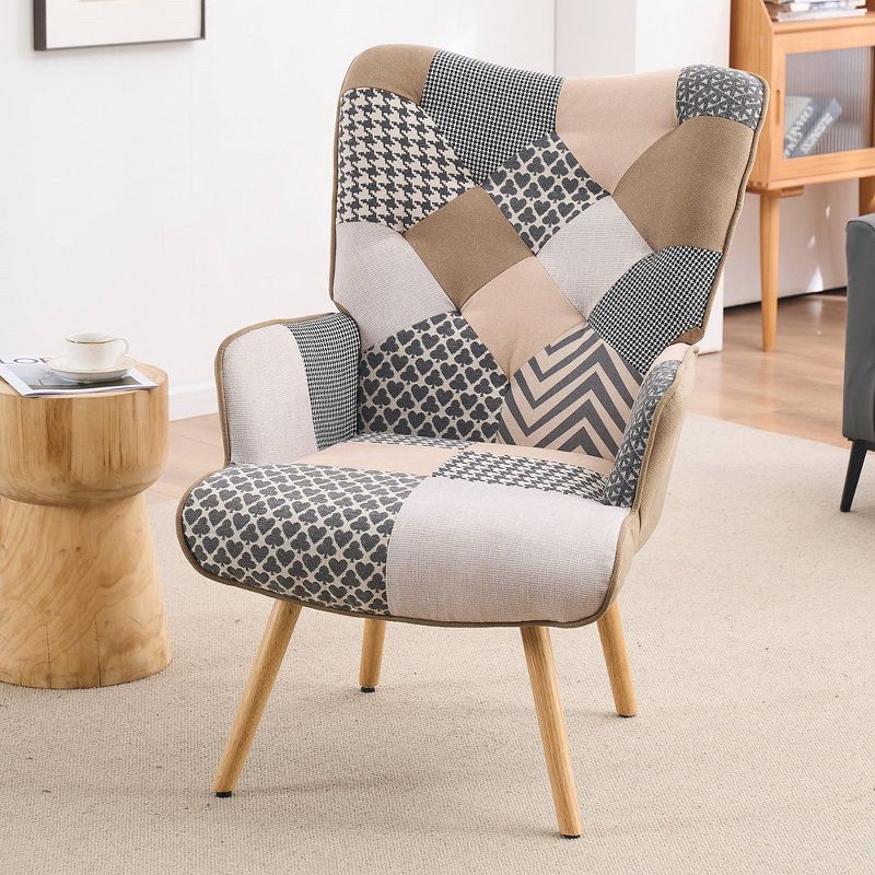 FERPIT Patchwork Upholstered Wingback Accent Chair with Rubberwood Legs, 1 of 7