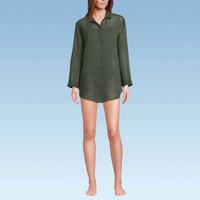 Lands' End Women's Cotton Gauze Button Down Swim Cover-up Shirt Dress
