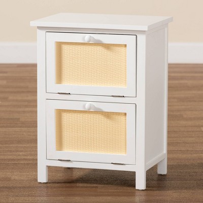 Sariah Mid-Century Rattan Accented 2-Drawer Nightstand - White