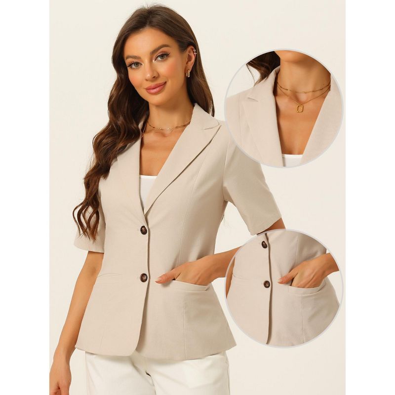 Allegra K Women's Cotton Linen Button Office Business Short Sleeve Blazer Jacket, 2 of 6