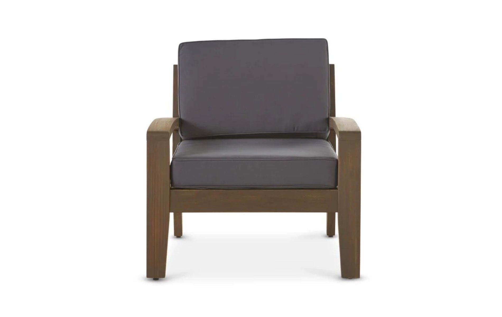 1 Piece Outdoor Acacia Wood Patio Club Chair with Gray Water-Resistant Cushions, Outdoor Chair with Slat Panel Design for Garden or Deck-Coolbibila