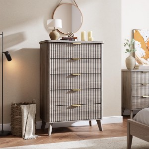 Fluted Dresser for Bedroom with 5 Deep Drawers, 47.2 in Tall Chest of Drawers with Faux Marble Top, Curved Profile Design, Modern Wooden Dresser - 1 of 4