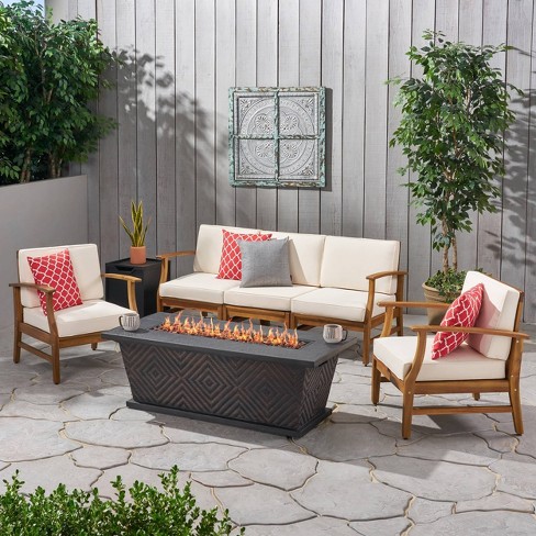 Driscoll 7pc Acacia Wood Chat Set with Fire Pit Teak Cream Brown Christopher Knight Home