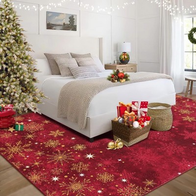 Christmas Snowflake Area Rug with Non-Slip Backing, Machine Washable Low Pile Carpet for Living Room and Bedroom Holiday Decor