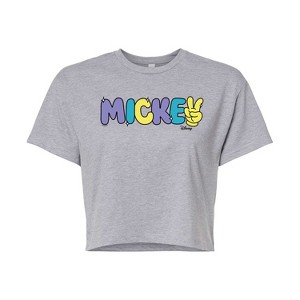 Women's - Disney - Mickey Multicolor Hand Peace Sign Cropped Graphic T-Shirt - 1 of 4