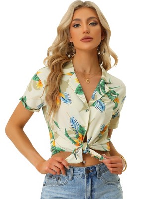 Allegra K Women's Hawaiian Floral Leaves Printed Short Sleeve Button Down  Vintage Beach Shirt Black Green Small