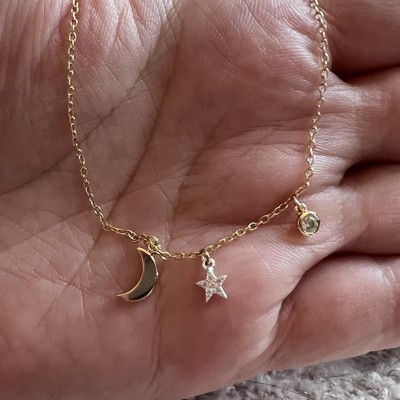 Sterling Silver Gold Dipped Cubic Zirconia Star And Moon Chain