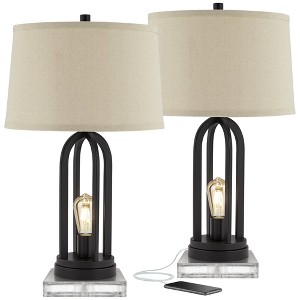 360 Lighting Marcel Modern Table Lamps Set of 2 with Square Risers 24 1/4" High LED Nightlight USB Charging Port Black Natural Shade for Bedroom Desk - 1 of 4