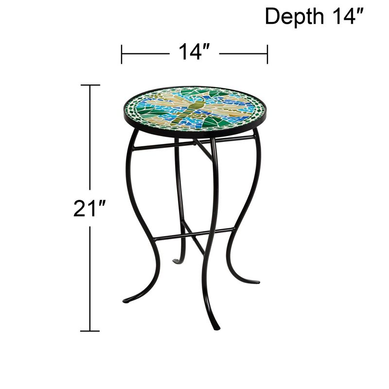 Teal Island Designs Black Round Outdoor Accent Side Tables 14" Wide Set of 2 Green Dragonfly Tabletop for Front Porch Patio Home House, 4 of 8