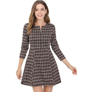 Allegra K Women's Vintage Plaid Houndstooth Long Sleeve Office Zip Front Flare Mini Dress - 1 of 4