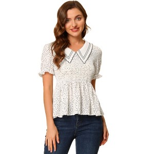 Allegra K Women's Peter Pan Collar Smocked Peplum Polka Dots Tops - 1 of 4
