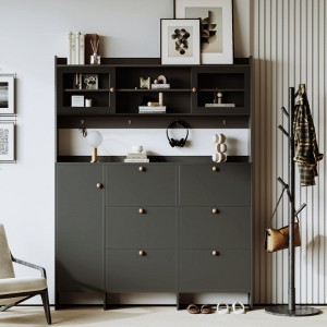 Multifunctional Tipping Bucket Shoe Cabinet, 6-Drawer Hall Tree with Glass Doors & 4 Hooks, Foyer Storage for Hallway - 1 of 3