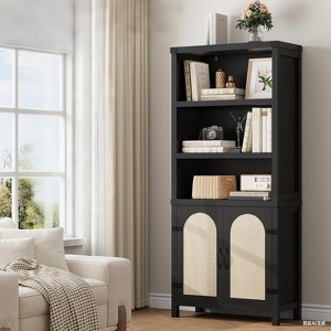 70" Farmhouse Bookshelf with Rattan Doors, 3-Tier Open Shelves & Cabinet, Black Wood Bookcase for Living Room, Office & Bedroom - 1 of 4