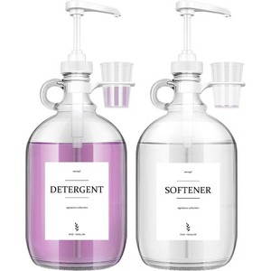 2-Pack Glass Liquid Laundry Detergent Dispenser with Cup Holders, Half Gallon (64 oz Each) for Laundry Room, Includes Pump, Labels and Measuring Cups - 1 of 4