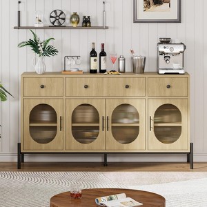62" Large Sideboard Buffet Cabinet with Storage and 3 Drawers, Buffet Table Coffee Bar Storage Cabinet with 4 Glass Doors for Dining Room, Kitchen - 1 of 4