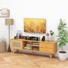 Tangkula Mid Century Modern TV Stand for TVs up to 65" Bamboo Entertainment Center w/Glass & PE Rattan Sliding Doors 2 Drawers Adjustable Shelf - 2 of 4