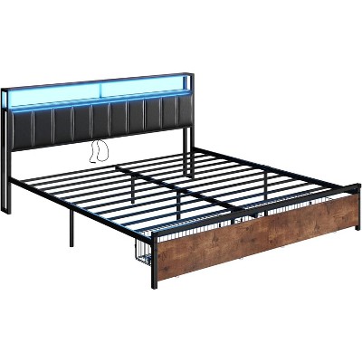 AMERLIFE LED Bed Frame with Drawers, 2-Tier Storage and Charging Station