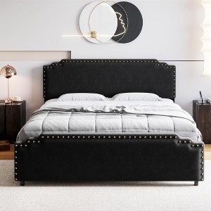 Bed Frame, Velvet Upholstered Platform Bed Frame with Rivet Decor Headboard and Strong Wood Slat Support - 1 of 4