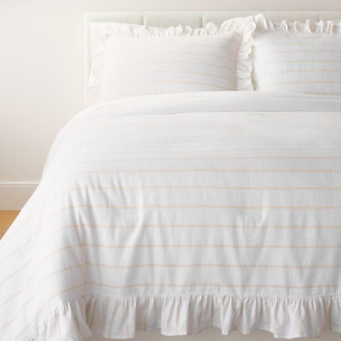 Yarn Dye Stripe with Ruffle Comforter & Sham Set White/Khaki - Threshold™ with Studio McGee - image 1 of 4