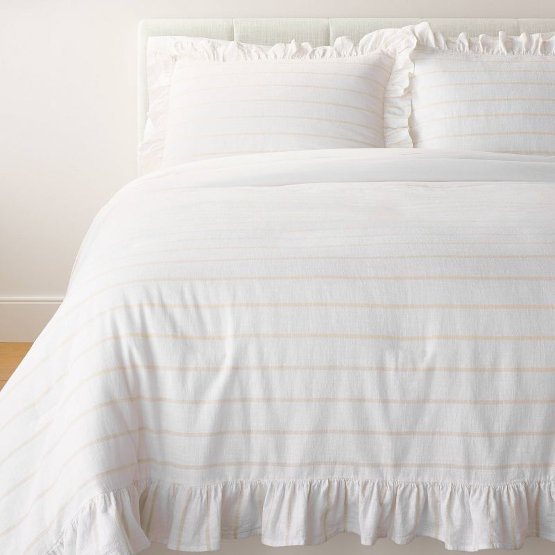 Yarn Dye Stripe with Ruffle Comforter & Sham Set White/Khaki - Threshold™ with Studio McGee, 1 of 12
