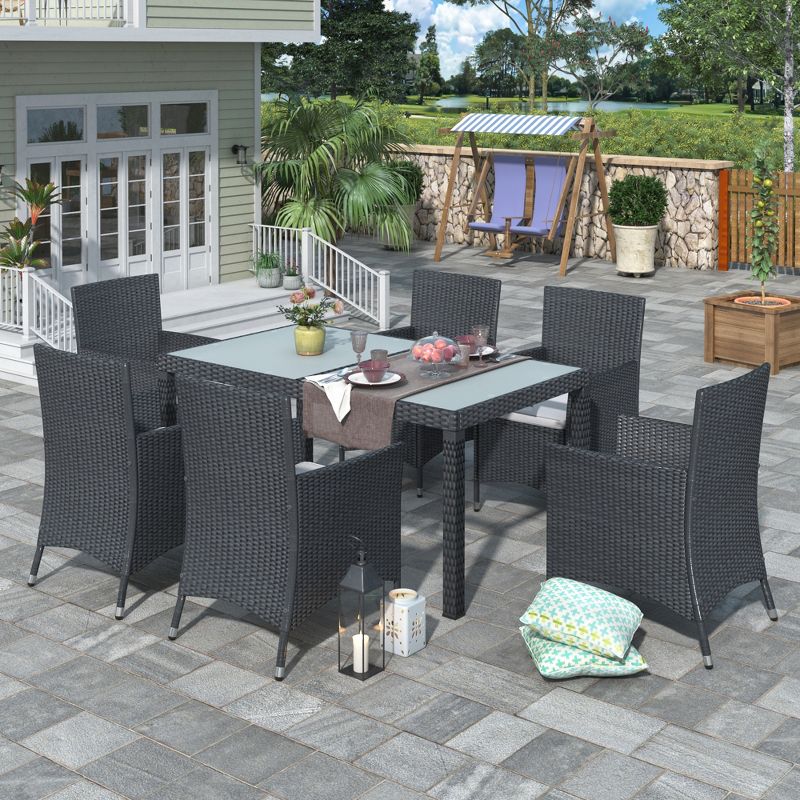 7PCS Outdoor Wicker Dining set with a Tempered Glass Table, 6 Armchairs, Black, 4A -ModernLuxe, 1 of 16