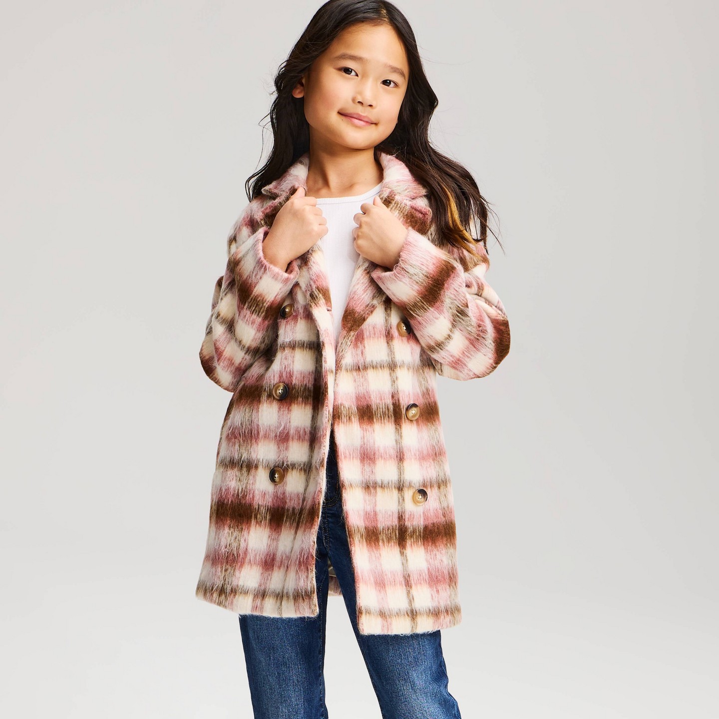 Пальто Cat & Jack Double Breasted Plaid Coat для девочек, цвет: Розовый — фото 1