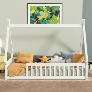 Tent-shaped Twin/Full Floor Bed Frame with Guardrails - ModernLuxe - 1 of 4