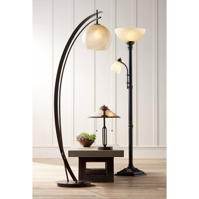 Bronze Adjustable Torchiere Floor Lamp with Amber Glass Shades