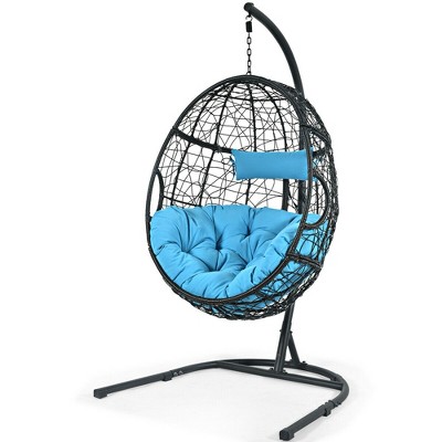 Tangkula Hanging Hammock Chair Egg Swing Chair w/ Blue Cushion Pillow Stand