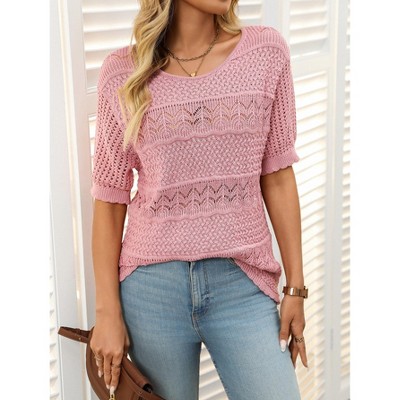 Women's Crochet Hollow Out Pullover Sweaters Casual Round Neck Half Sleeve Tops Blouses