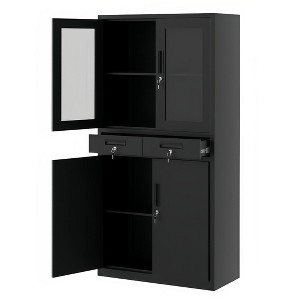 GustoWave 71 in Tall Metal Garage Storage Cabinet, Lockable Display Cabinet with Glass Doors, 2 Drawers & 2 Adjustable Shelves, Black - 1 of 4