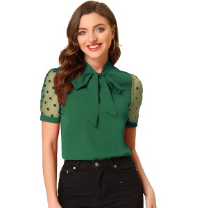 INSPIRE CHIC Women's Bow Tie V Neck Stand Collar Short Mesh Sleeve Blouse - 1 of 4