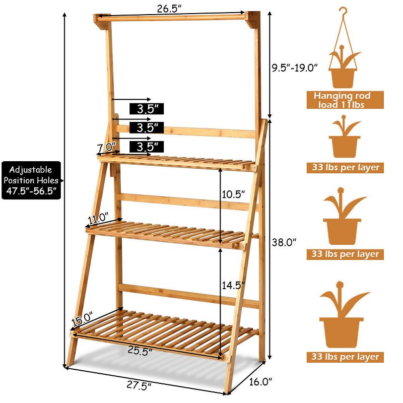Costway 3 Tier Bamboo Hanging Folding Plant Shelf Stand Flower Pot Display Rack Bookcase, 3 of 11