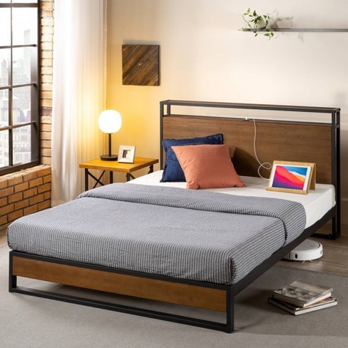 Wood Platform Bed Frame, King Bed Frame With Headboard Shelves