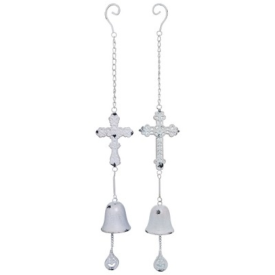 Transpac Whitewashed Metal Hanging Cross Wind Bell Chime Set of 2 Indoor Home Decorations