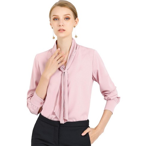 Allegra K Women's Long Sleeve Pleated Tie Neck Office Blouses Pink ...