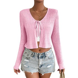 Women's Casual Tie-Front Cardigan - Lightweight Long Sleeve Knit Sweater with Chest Tie Detail - 1 of 4